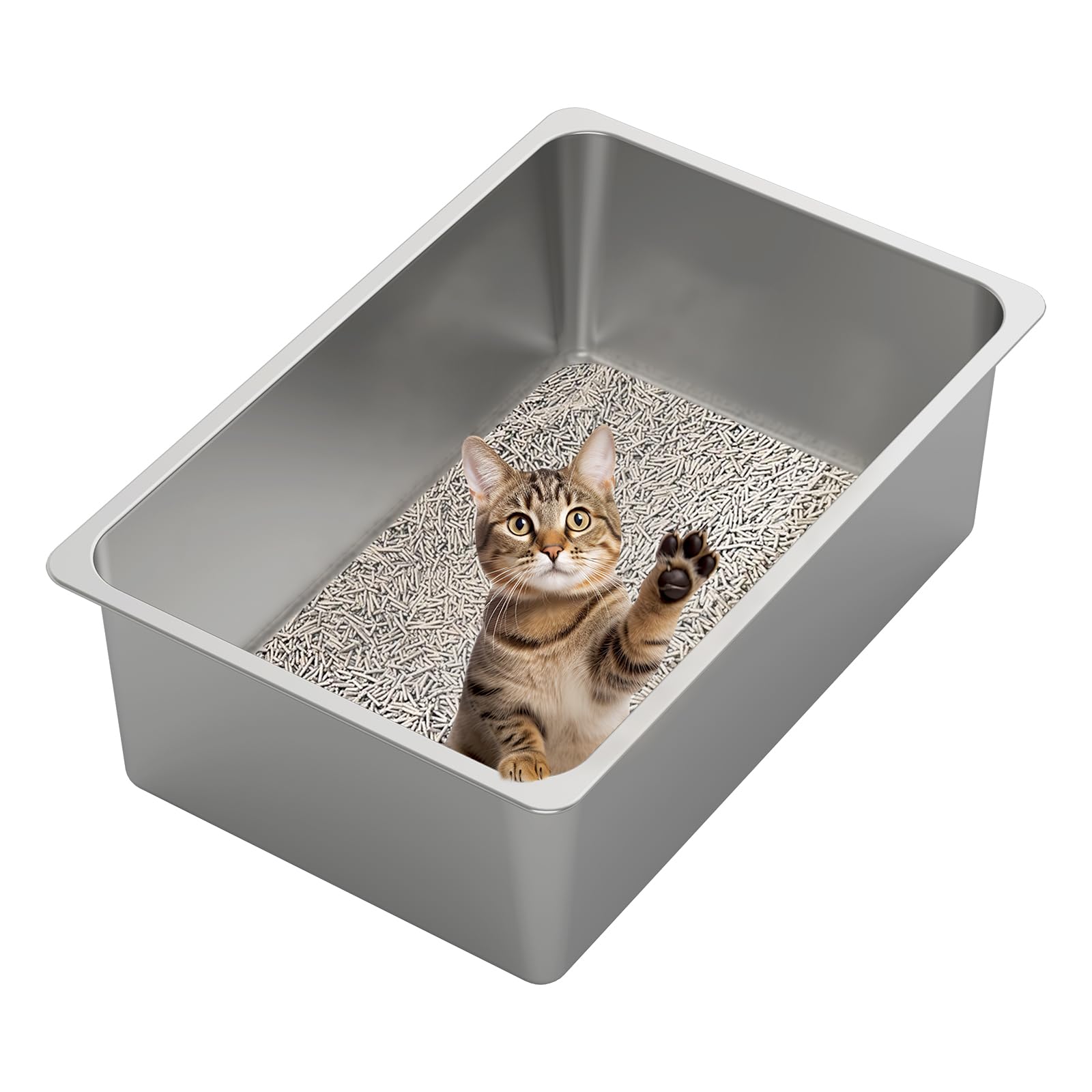Kirecoo Stainless Steel Cat Litter Box Xxl- Metal High Sided Cat Pan, Large Stainless Steel Box, Indoor Litter Tray, Non Stick, 