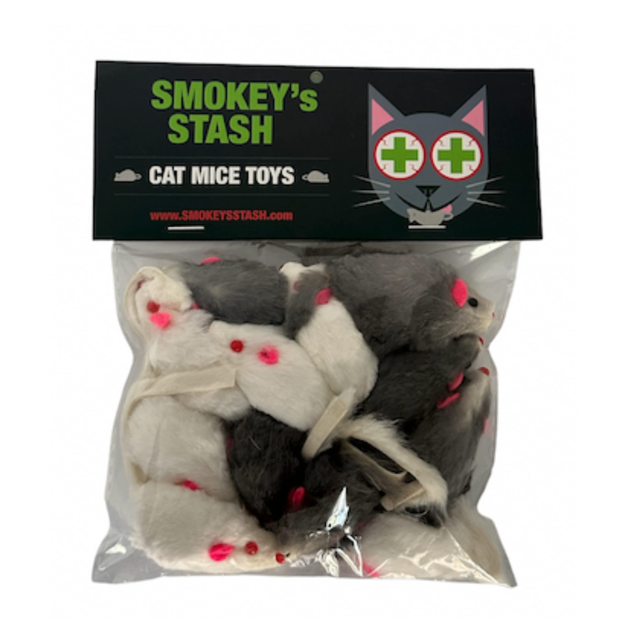 Smokey'S Stash Rabbit Fur Mouse Cat Toy 12 Per Pack White And Gray Fuzzy Toys For Cats With Rattle Realistic Fake Mice (12)
