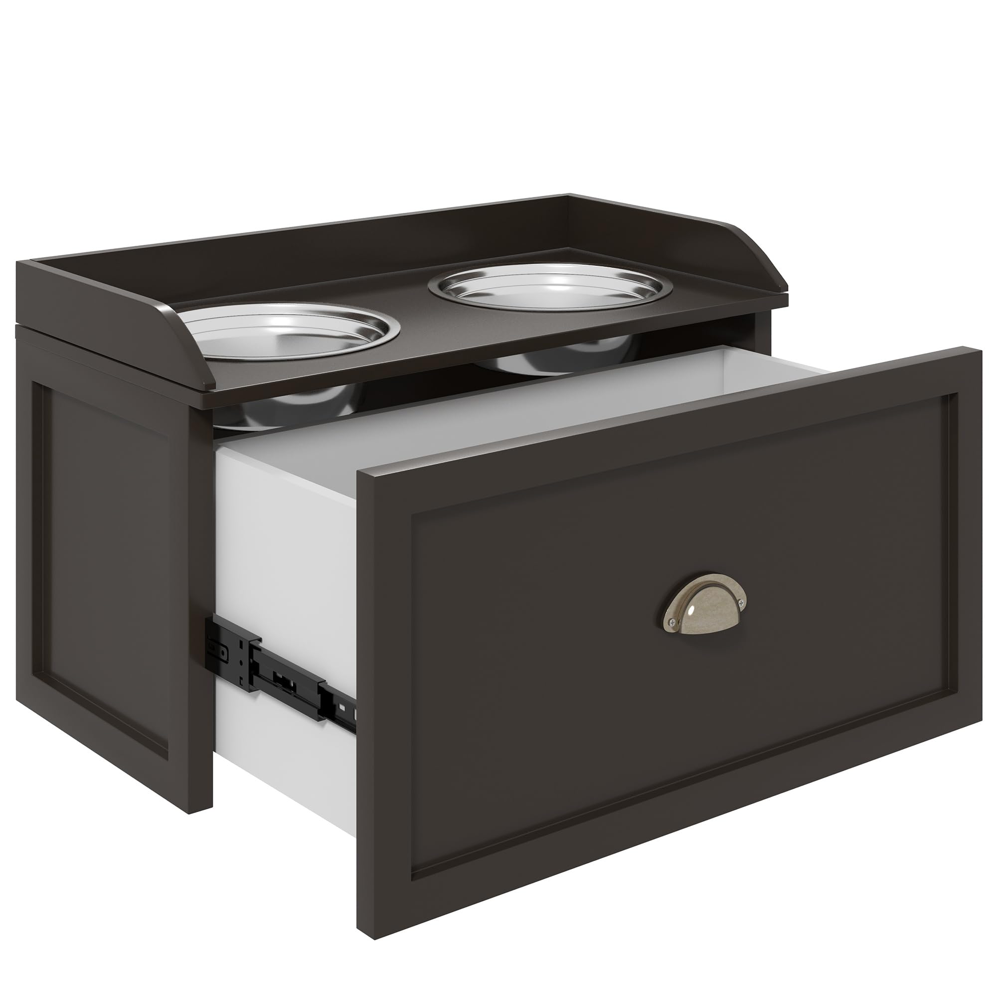 PawHut Dog Feeding Station with Storage Drawer, Dog Food Storage Cabinet with 2 Removable Elevated Dog Bowls for Large Sized Dog