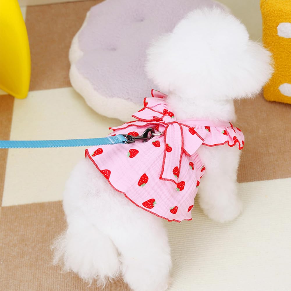Dog Dresses For Small Dogs, 100% Cotton Girl Clothes With Leash Ring & Bow Decor, Cute Strawberry Print, Summer Cat Dresses For