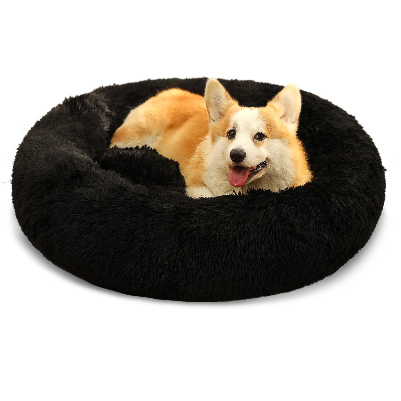 Dog Calming Beds For Small Medium Large Dogs - Round Donut Washable Dog Bed, Anti-Slip Faux Fur Fluffy Donut Cuddler Anxiety Cat