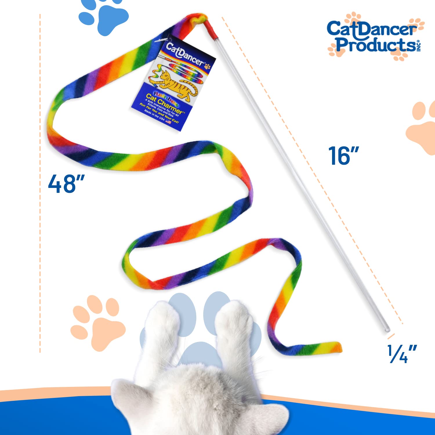 Cat Dancer Products Rainbow Cat Wand Charmer, Safe Teaser Wand For Indoor Cats & Kittens, Flexible Exercise Toy Made Of Multicolor Fabric Ribbon, For Medium Breeds