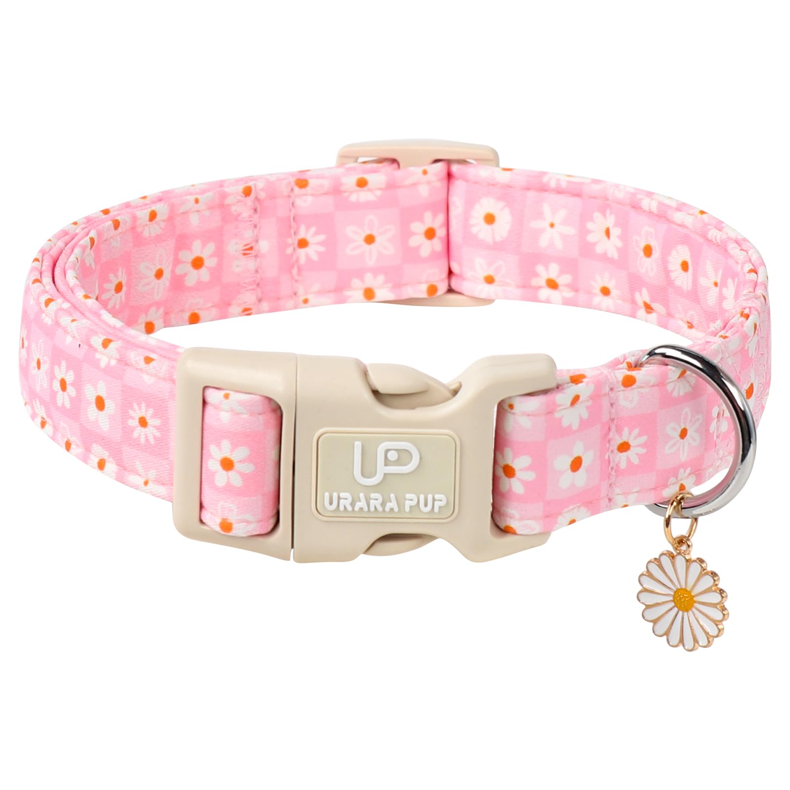 Up Urara Pup Pet Collar-Summer Daisy Dog Collars-Pink Grid Puppy Collar-Adjustable, Sturdy & Cute Girl Boy Dog Collars For Outdo
