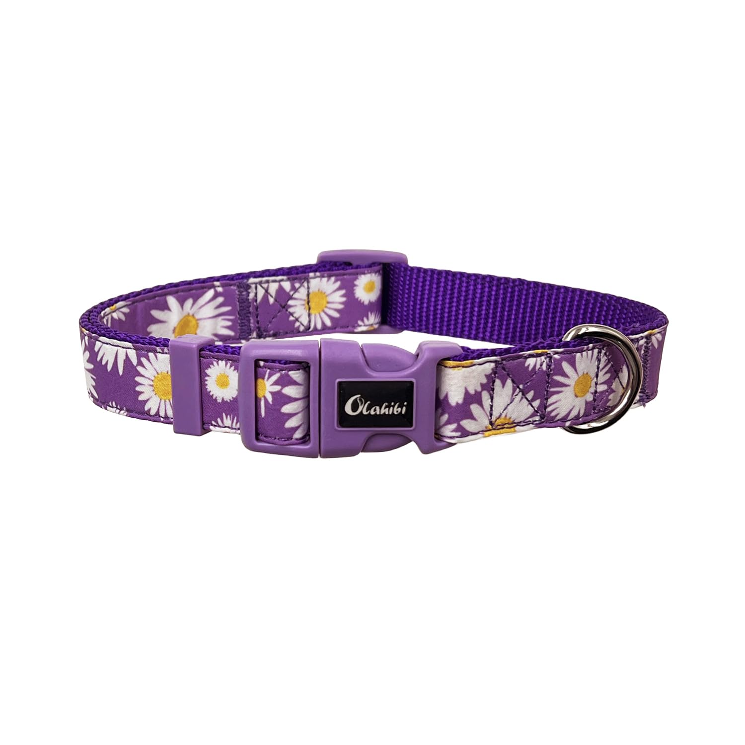Olahibi Dog Collar Leash Set, Floral Pattern, Nylon Webbing Plus Cotton Ribbon, 5Ft Matching Leash, For Large Dogs.(L, Purple Da