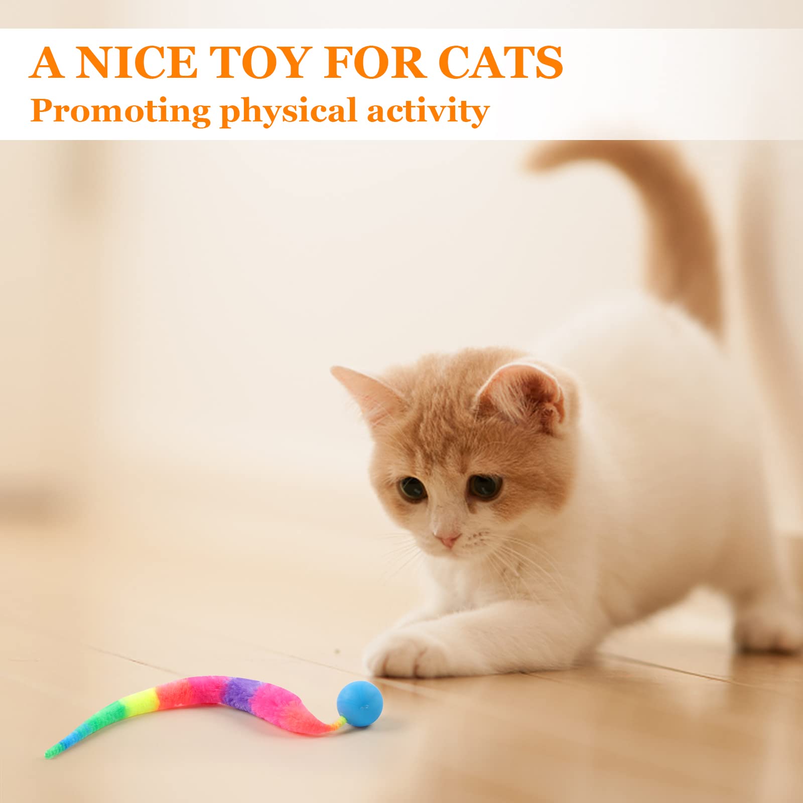 SHENGSEN Mixed Bouncy Ball with Tail Cat Toys-5 Packs,Rainbow Magic Worm with Ball Toy for Cats,Colorful Fuzzy Worm Bouncy Balls