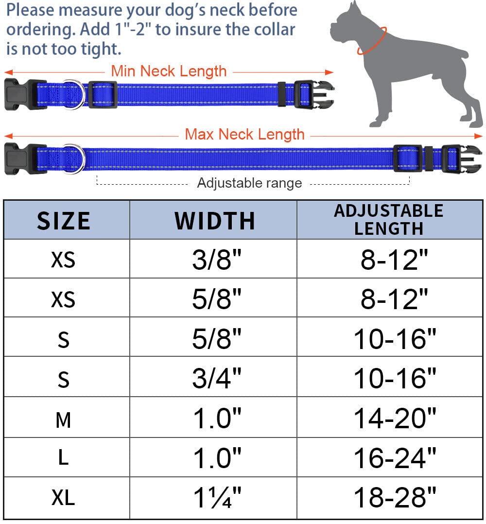 Taglory Reflective Adjustable Dog Collars For Puppy Small Medium Large Dogs, Thin Nylon Webbing And Quick Release Plastic Buckle(Royal Blue,Large)