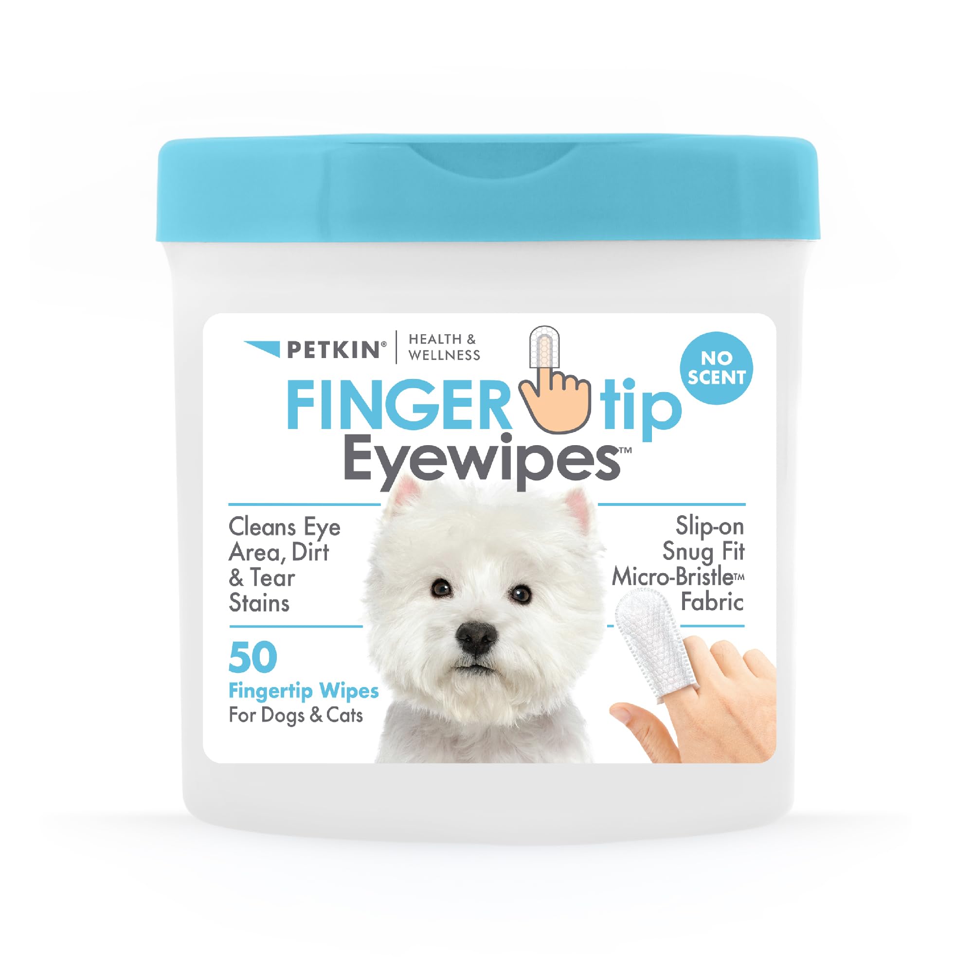 Petkin Fingertip Eye Wipes For Dogs And Cats, 50 Finger Wipes - Slip-On, Snug Fit, Micro-Bristle Fabric - Cleans Eye Area, Dirt 