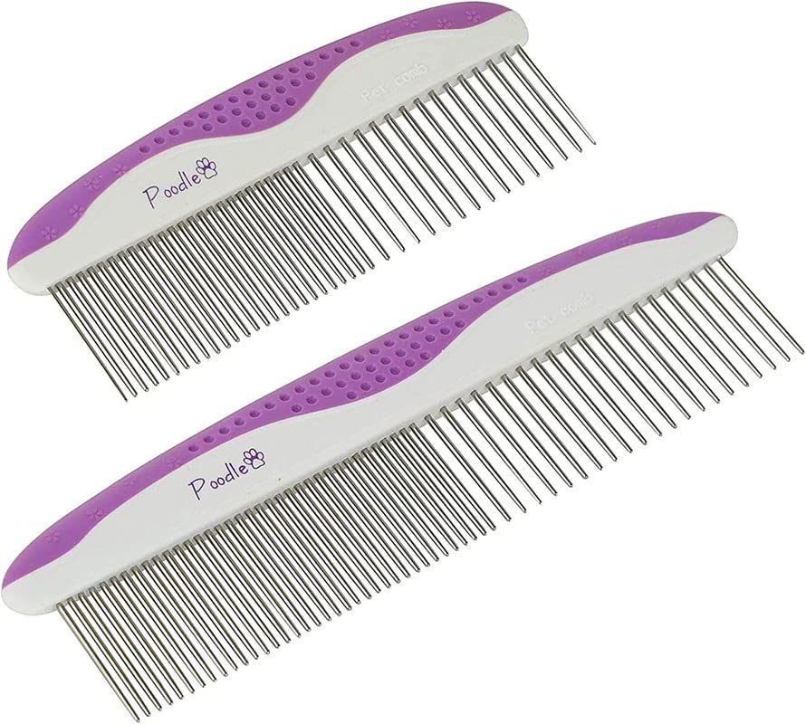 Poodle Pet Dog Combs For Grooming | 2 Pack | Stainless Steel Teeth Easily Remove Dirt | Proper Care Prevents Knots And Mats For Long And Short Haired Pets |Anti-Slip Comfort Grip Handle| Purple