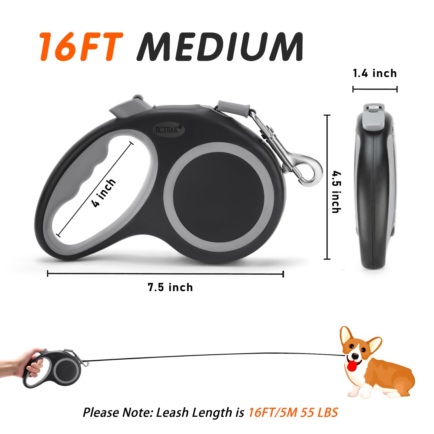 Retractable Dog Leash 16 Ft Durable Comfortable Leash For Small Medium Dogs/Cats Up To 55 Lbs, One-Handed Brake, Stainless Steel