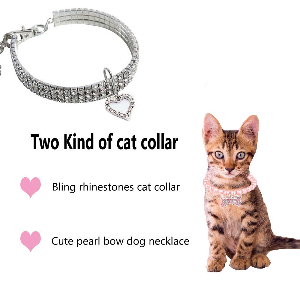 WoYous Rhinestones Dog Collar and Pearl Dog Necklace Set, Adjustable Neck Strap Bling Full Diamond Pearl Dog Collar for Small Ca