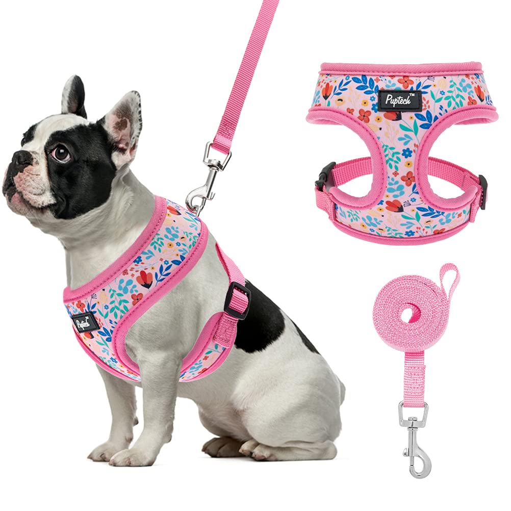 Pupteck Soft Mesh Dog Harness And Leash Set Pet Puppy Cat Comfort Padded Vest No Pull Harnesses, Pink Floral, Xs