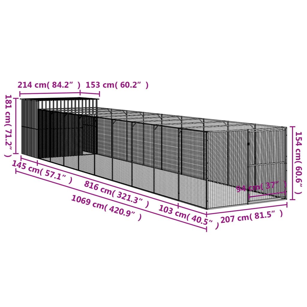 vidaXL Dog House with Run Anthracite 84.3x420.9x71.3 Galvanized Steel