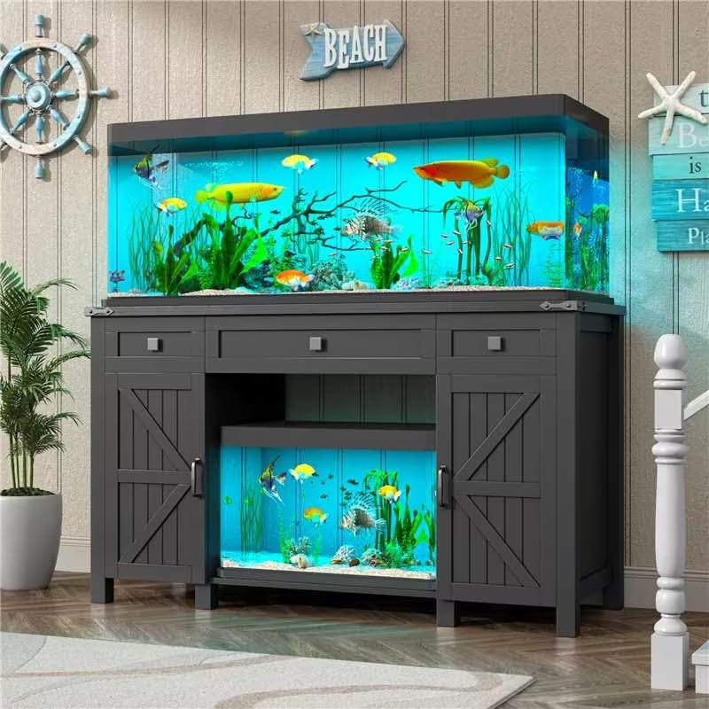 kepptory Aquarium Stand for 55-75 Gallon Tanks, Black, Heavy Duty with Power Outlet & Adjustable Shelves, Model 7889HY9