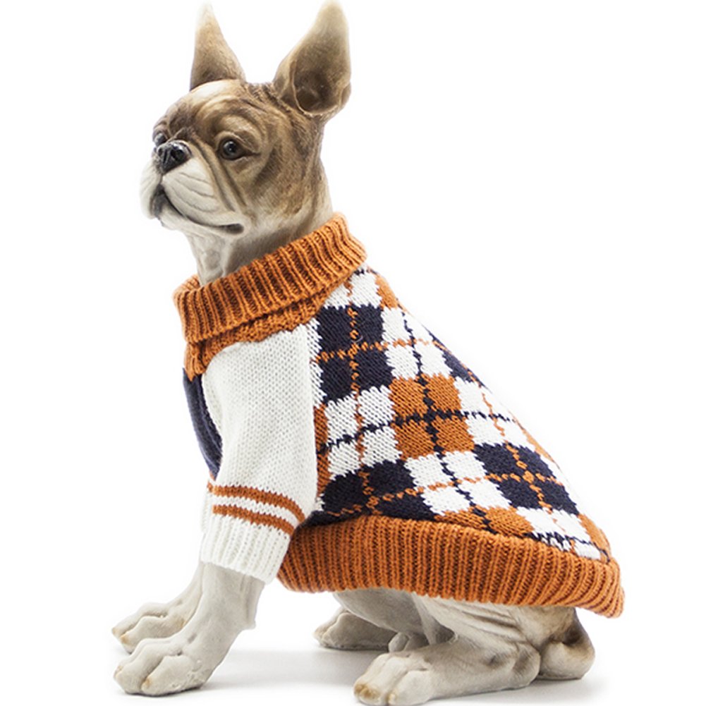 Bobibi Dog Sweater Of The Diamond Plaid Pet Cat Winter Knitwear Warm Clothes,Orange,Small