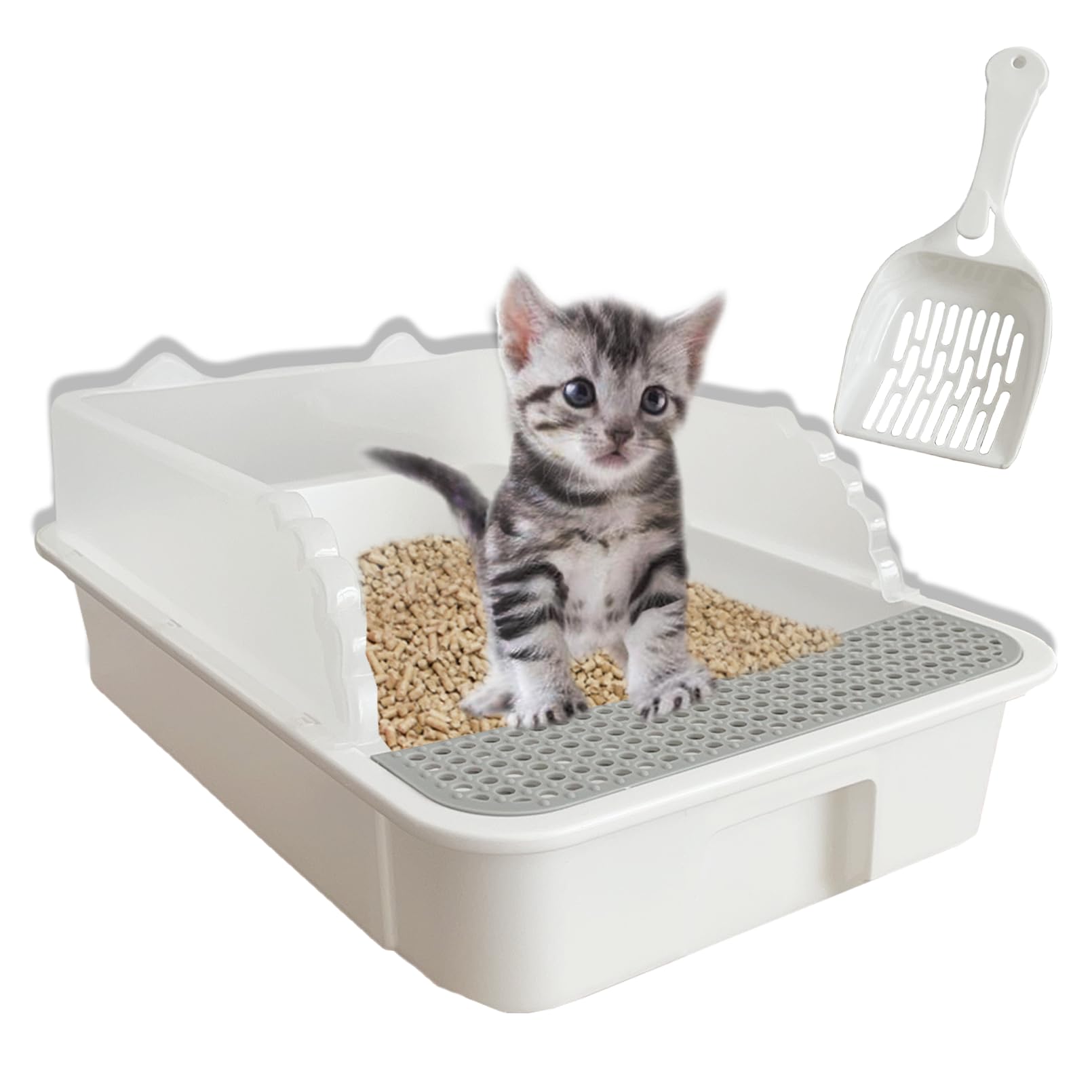 Kathson Open Cat Litter Box With High Side,Anti-Splashing Cats Litter Pan,Kitten Toilet With Litter Sifting Scoop,Semi-Enclosed 