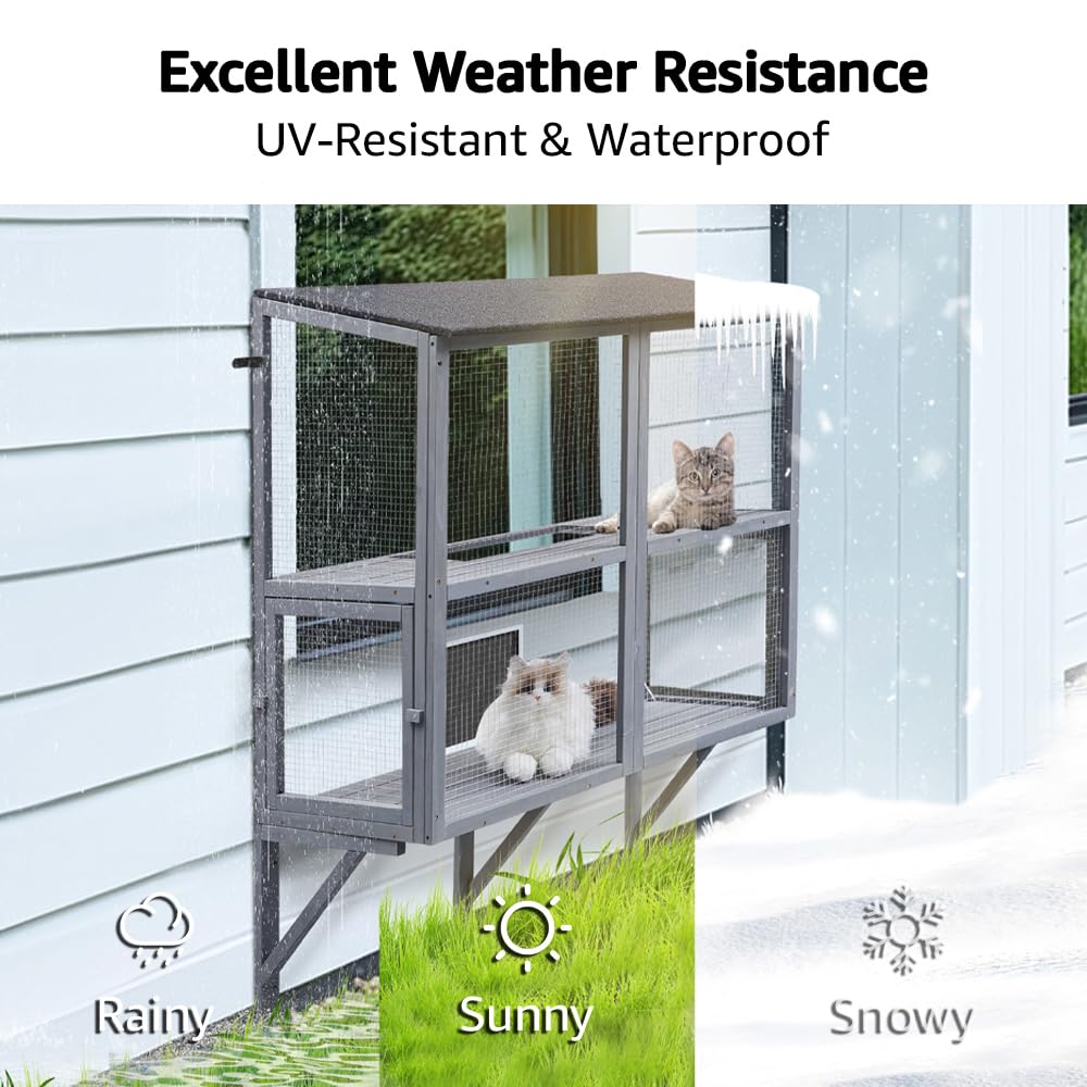 Beenbkks Catio, 2-Tier Window Box Enclosure For Multiple Indoor Cats, Expandable Wooden Cat Perch House, Secure Comfortable Outd