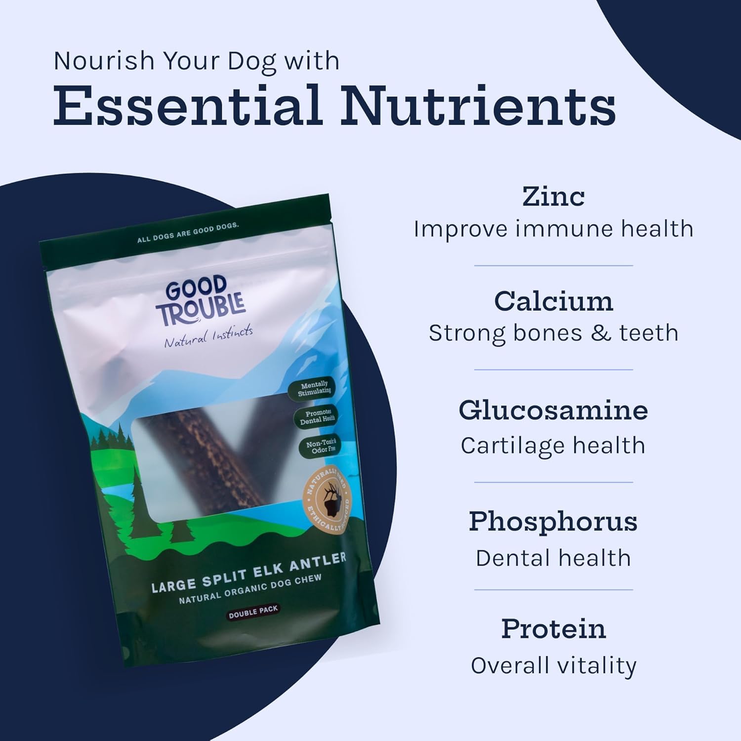 Good Trouble Premium Elk Antlers For Large Dogs - 2 Pack Split Pets - All-Natural, Shed Antler Chews For Dental Health & Calming