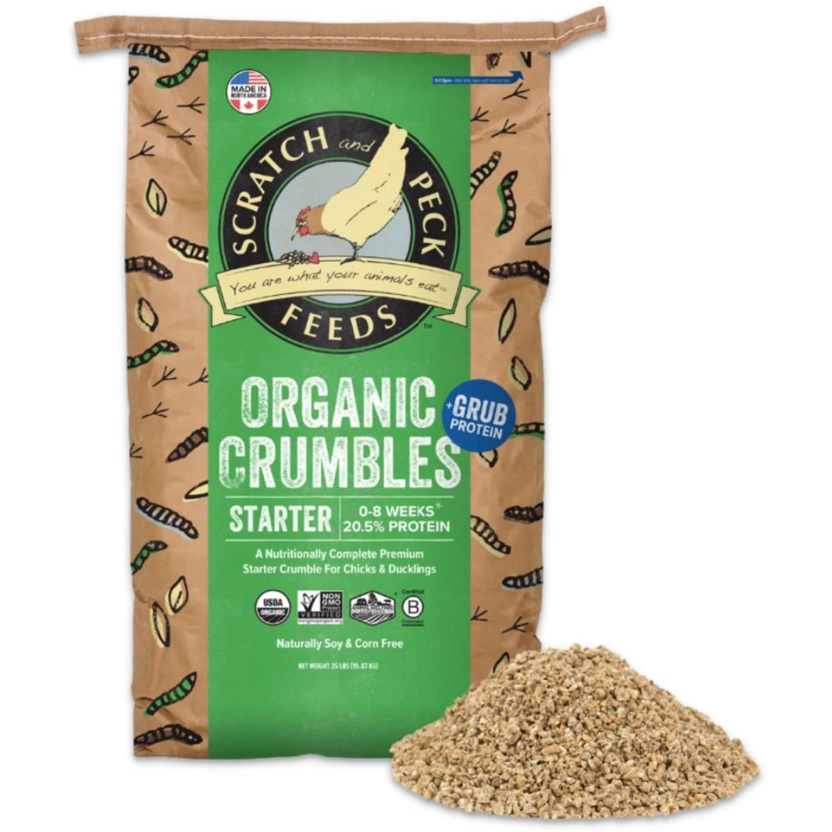 Scratch and Peck Feeds Whole Grain Starter Crumbles Chicken and Duck Feed - 25 lbs Bag - Corn-Free and Soy-Free - 20.5% Protein,