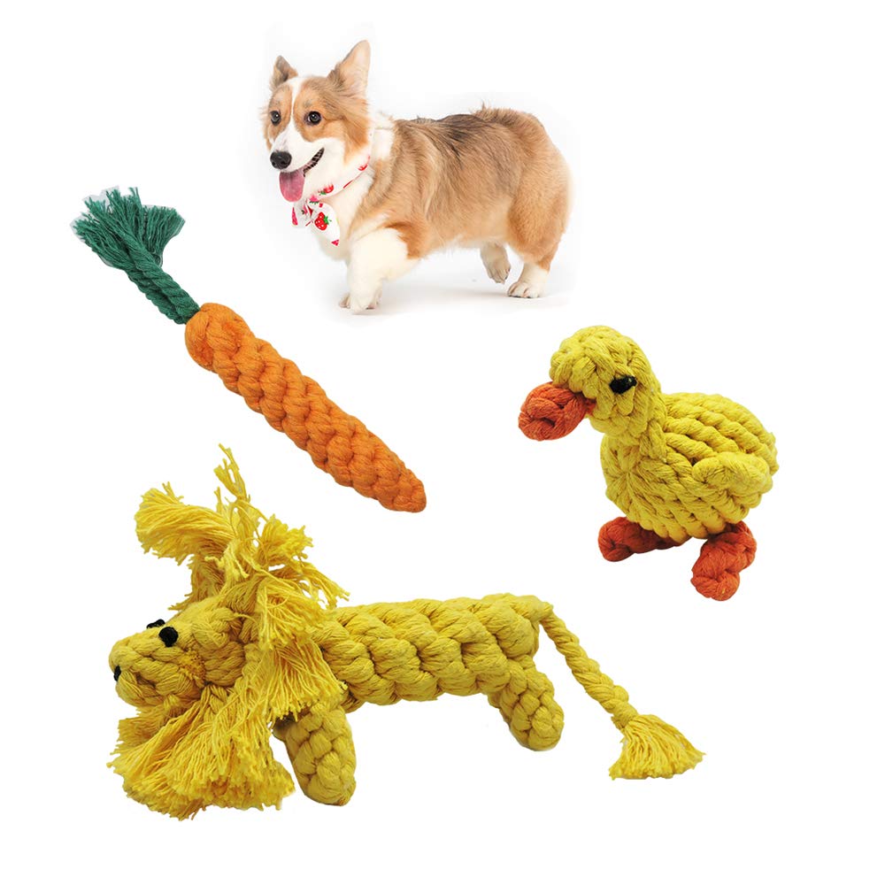 Andiker Dog Chewing Toys - 3PCS Cotton Rope Puppy Teething Cleaning and Training Durable Dog Plush Toys Lion&Carrot&Duck Toy for