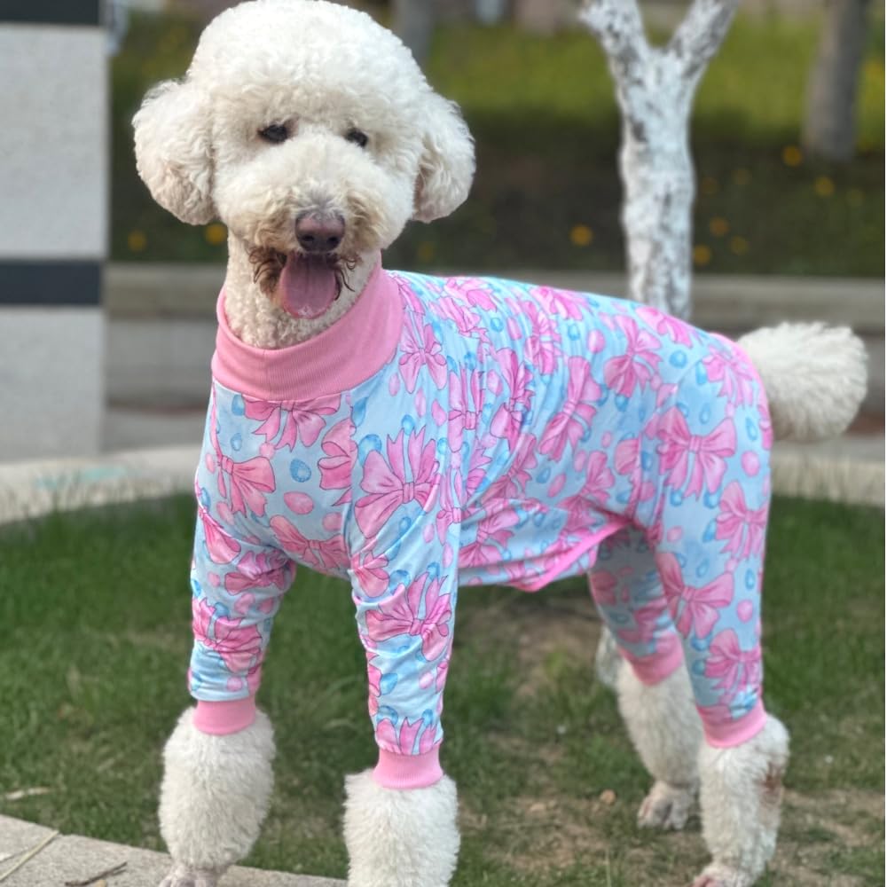 Xqpetlihai Recovery Shirt for Abdominal Wounds or Skin Diseases Bodysuit Dogs Pajamas for Shedding Allergy Anti Licking Pink Bow