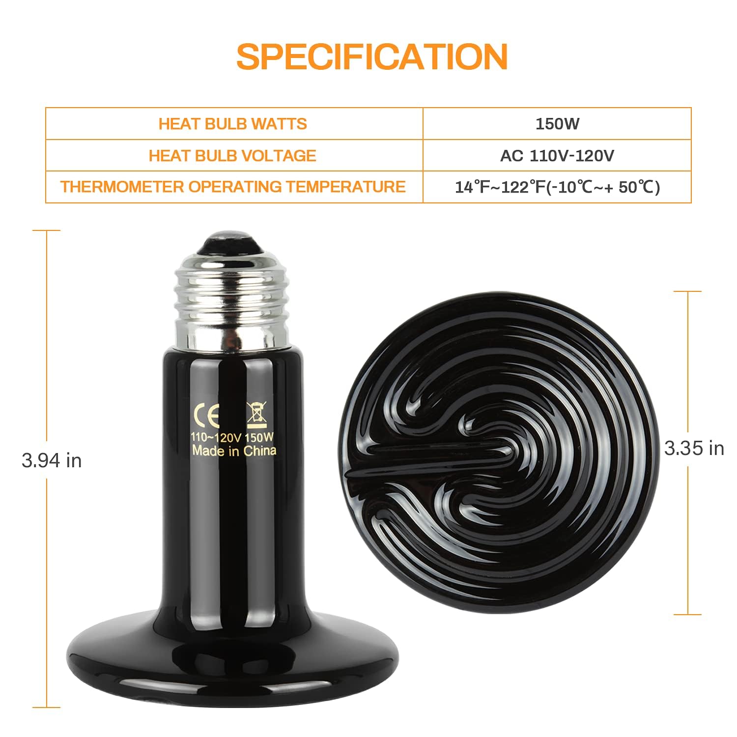 Simple Deluxe 150W Ceramic Heat Emitter Reptile Heat Lamp with Digital-Thermometer, for Pet Brooder Coop Chicken, Dragon Turtle