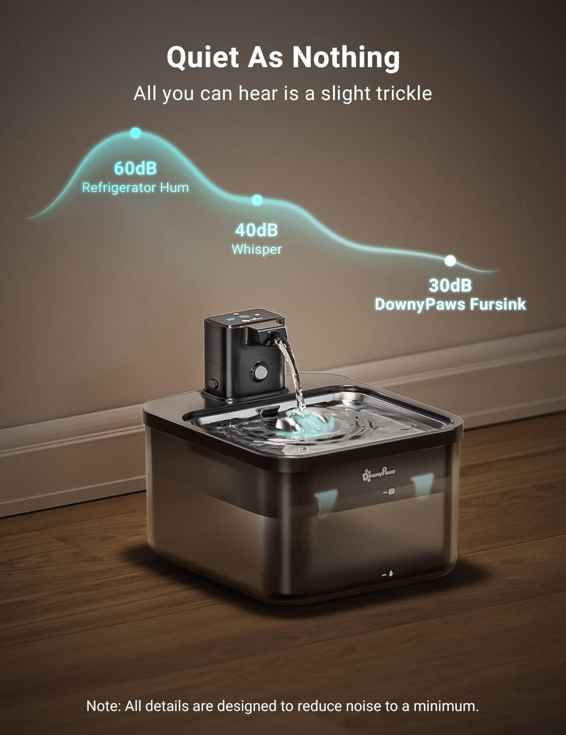 DownyPaws Cat Water Fountain Stainless Steel Cordless, 84oz/2.5L Fursink Wireless Pet Water Fountains for Cats Indoor, Battery O