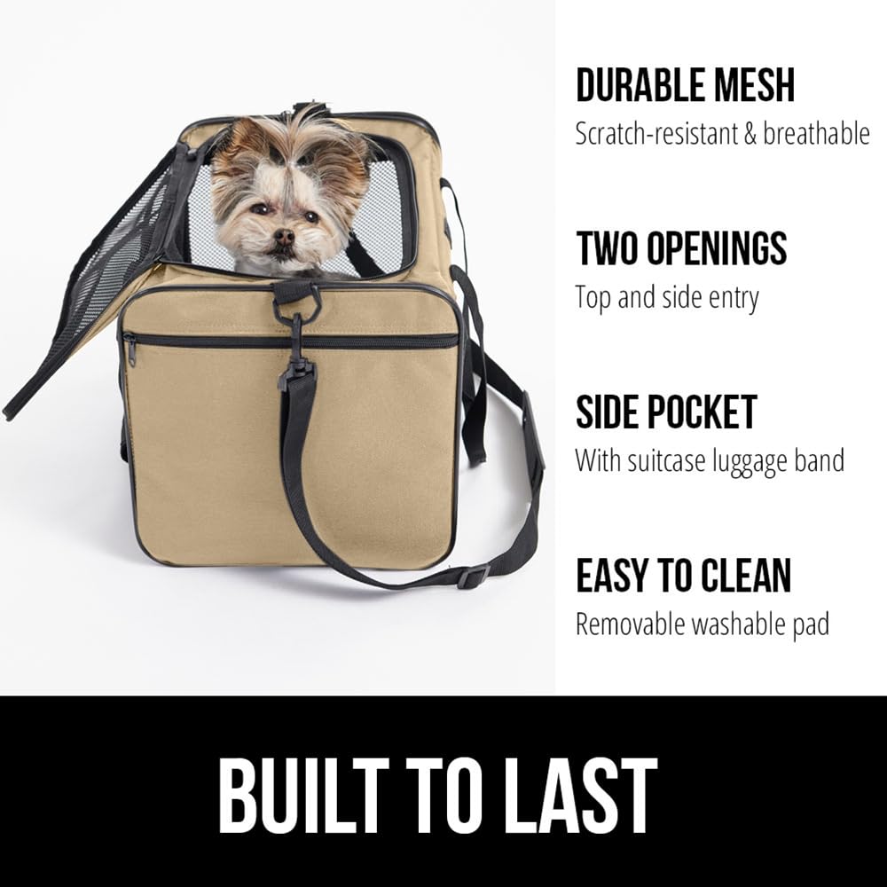 Gorilla Grip Airline Travel Cat Carrier Bag Up To 15 Lbs, Breathable Mesh Collapsible Pet Carriers For Small, Medium Cats, Small Dogs, Puppies, Portable Kennel With Soft Washable Waterproof Pad, Beige