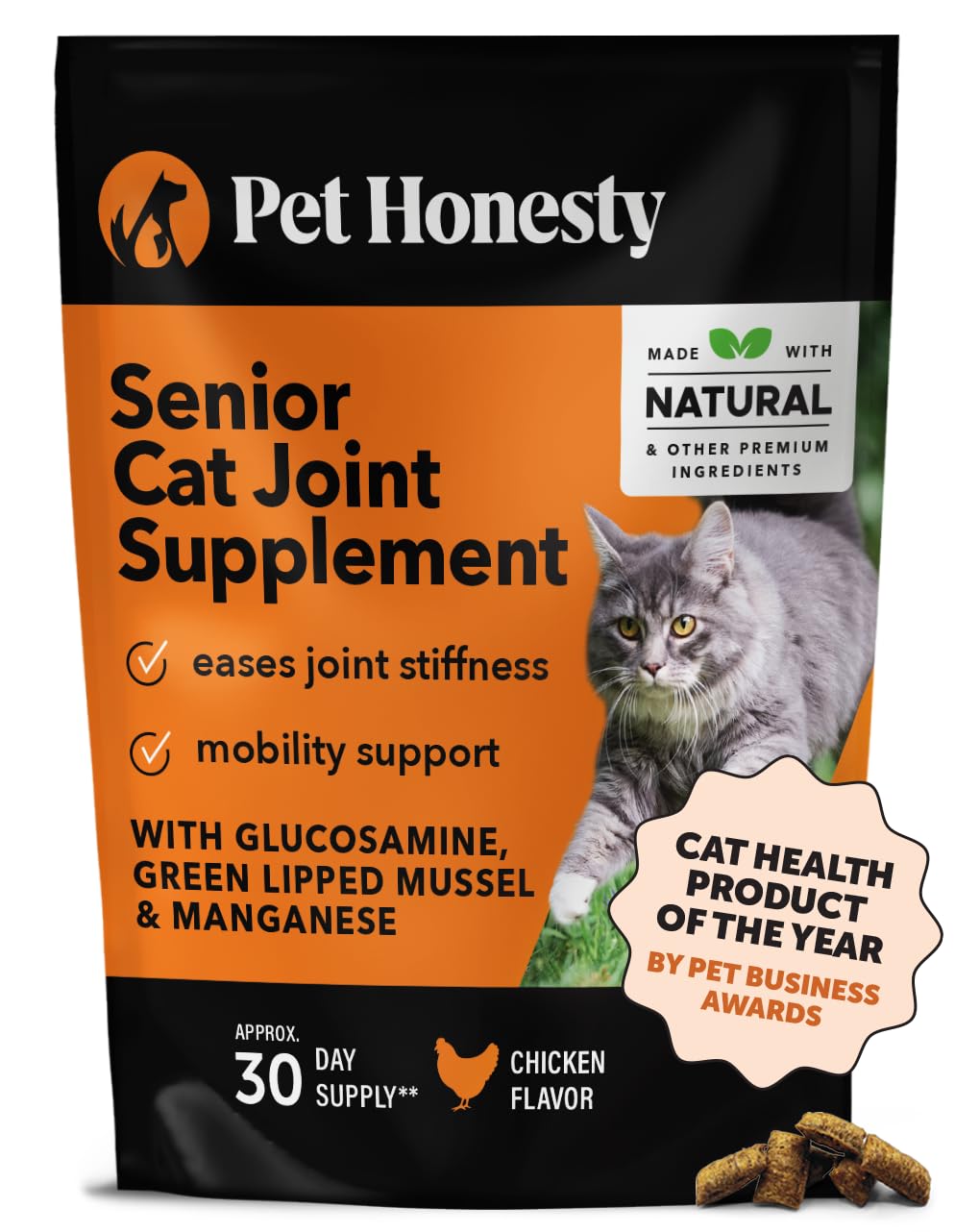 Pet Honesty Cat Hip & Joint Health Chews - Glucosamine For Cats, Cat Joint Support Supplement, Cat Health Supplies & Hip Support, Cat Vitamins For Indoor Cats & Outdoor Cats - Chicken (30-Day Supply)