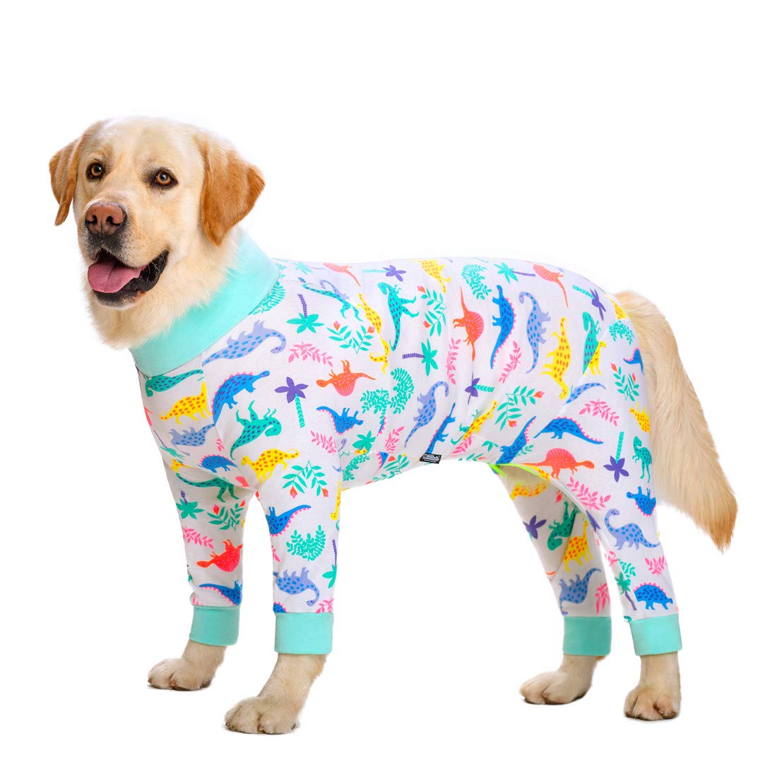 Miaododo White Dinosaur Lightweight Cotton Recovery Suit, Medium/Large Dogs Onesie For Shedding Prevent Licking Surgical Wound, Dog Pajamas Pjs, Unisex, Full Belly