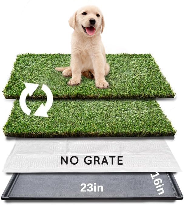 HQ4us Dog Grass Pad with Tray Small 23 x 16 Dog Litter Box Toilet for Puppy (No Grate) with 2×Artificial Grass for Dogs with Hemmed Edge, Pee Pads for Dogs, Realistic, Less Stink, Potty for Balcony -Like New