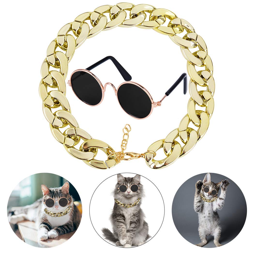 Legendog , 2Pcs Fashion Cool Pet Sunglasses Adjustable Pet Gold Chain Set For Cats And Small Dogs