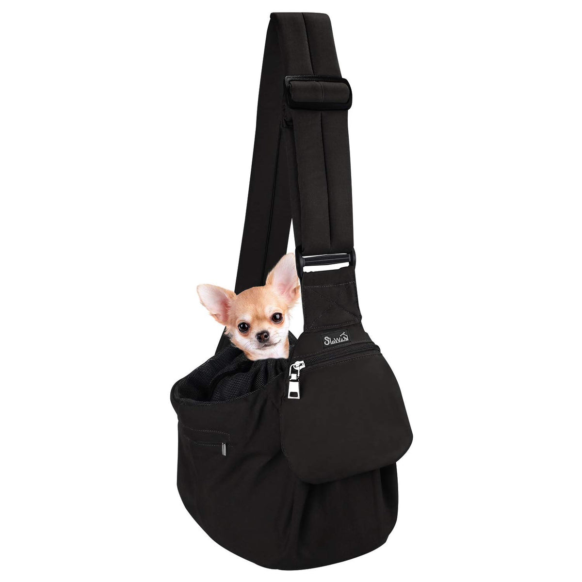 Slowton Dog Carrier Sling - Hard Bottom Support Dog Carriers For Small Dogs With Adjustable Padded Shoudler Strap, Dog Purse For Puppy Cat Pet With Drawstring Opening Storage Zipper Pockets (Black)