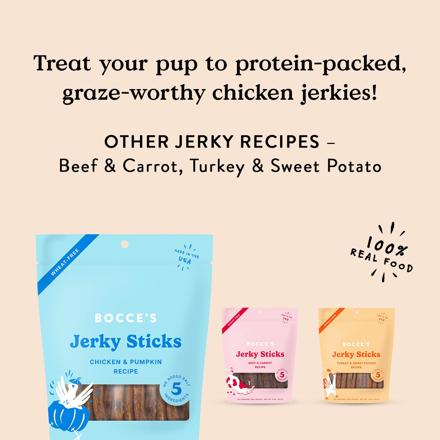 Bocces Bakery Jerky Stick Dog Treats, Wheat-Free, Made with Limited-Ingredients, Baked in The USA with No Added Salt or Sugar,
