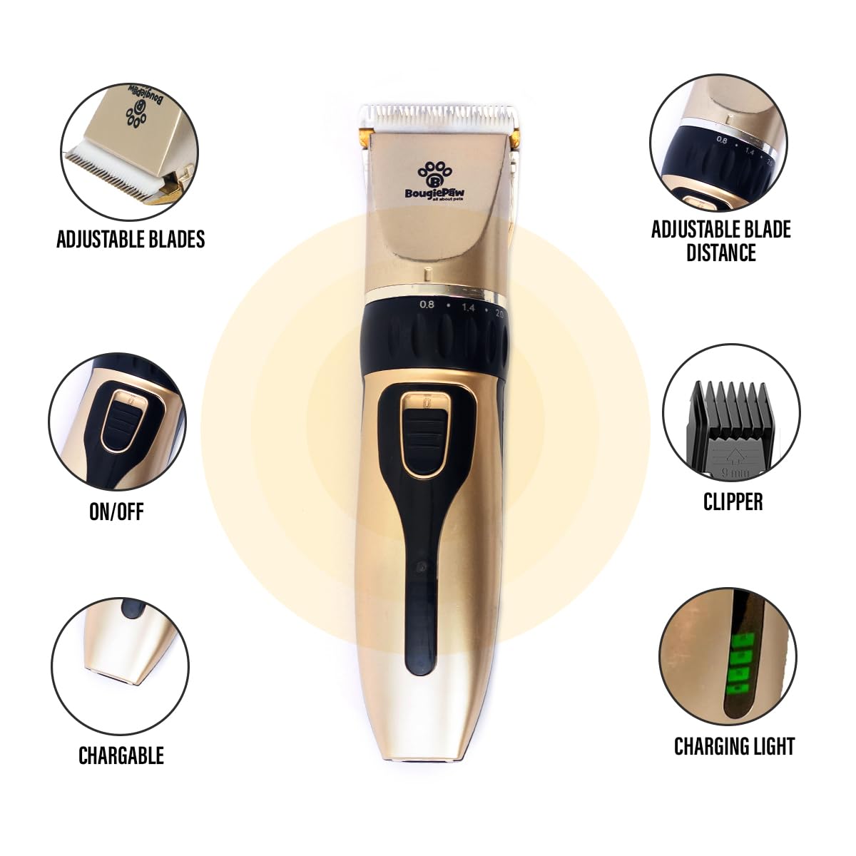 BougiePaw Grooming Kit - Rechargeable Low Noise Dog & Cat Clippers, Stainless Steel, Gold with LED Display, Includes Trimmer & Bath Brush