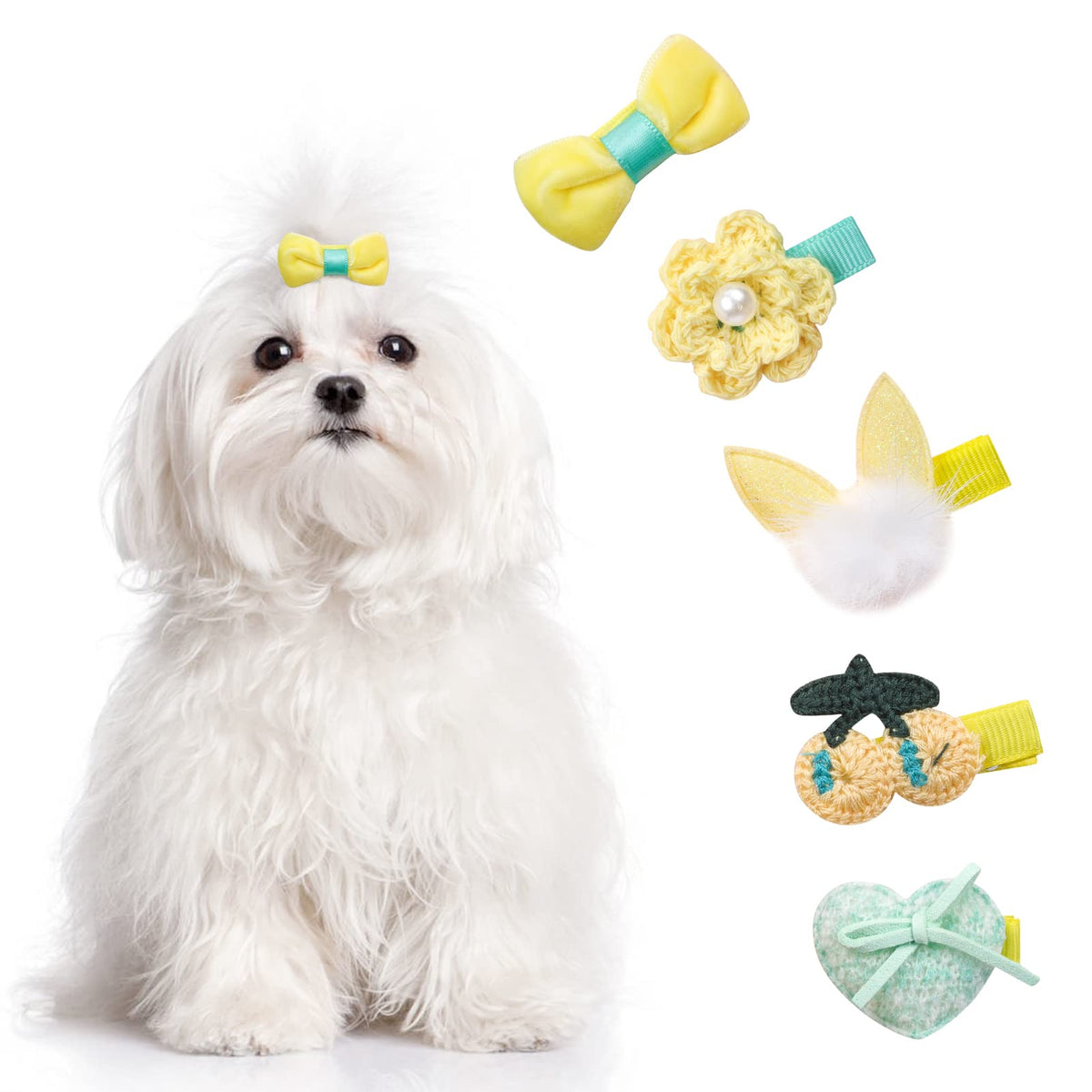 Petshome Dog Hair Clips 5 Pcs Cat Dog Hair Bows Pet Hair Barrettes Crown Hair Pins Handmade Cute Patterns Dog Grooming Hair Accessories For Pet Cat Dog Yellow