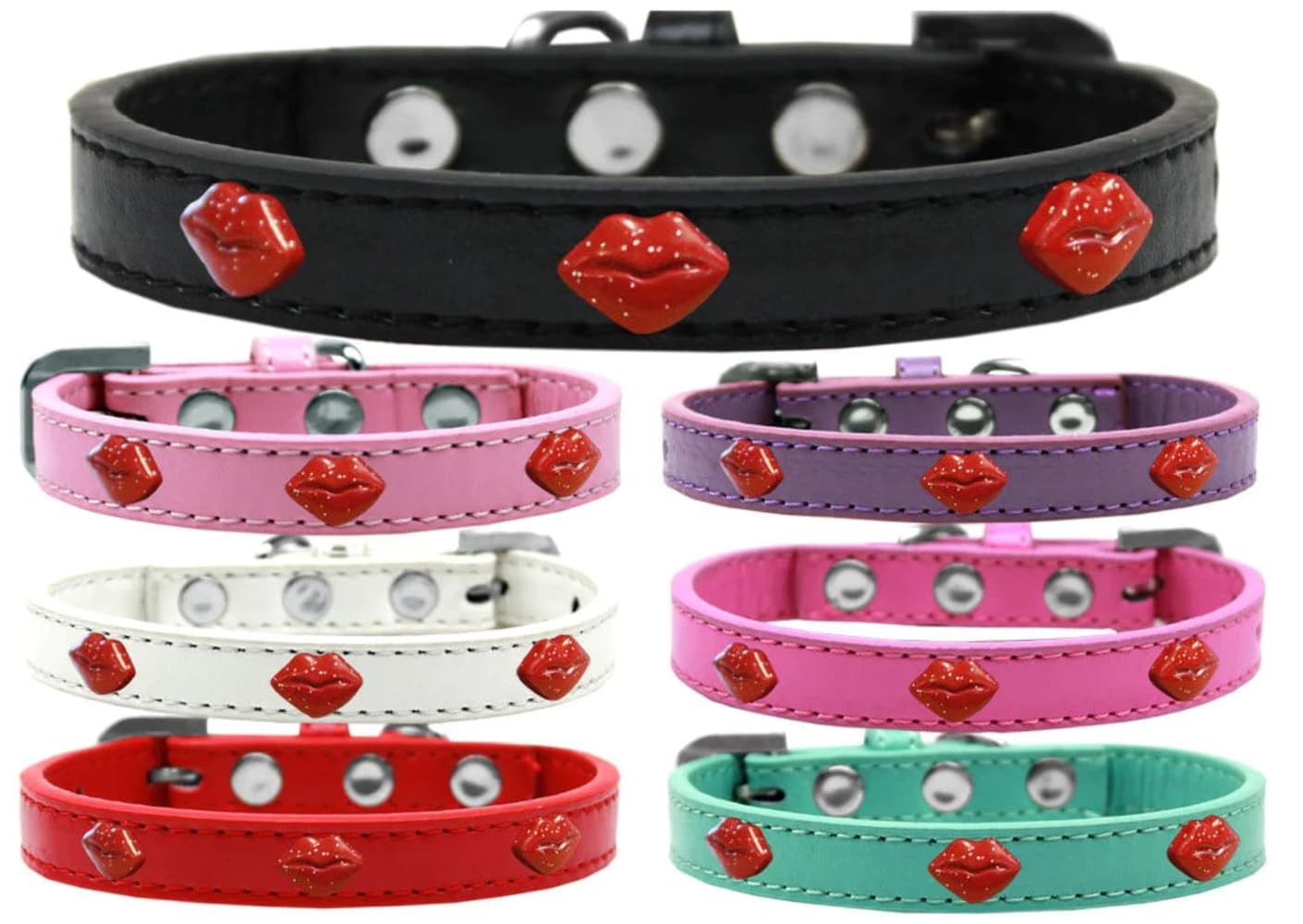 Dog, Puppy & Pet Widget Fashion Collar, Red Glitter Lips Bright Pink 10