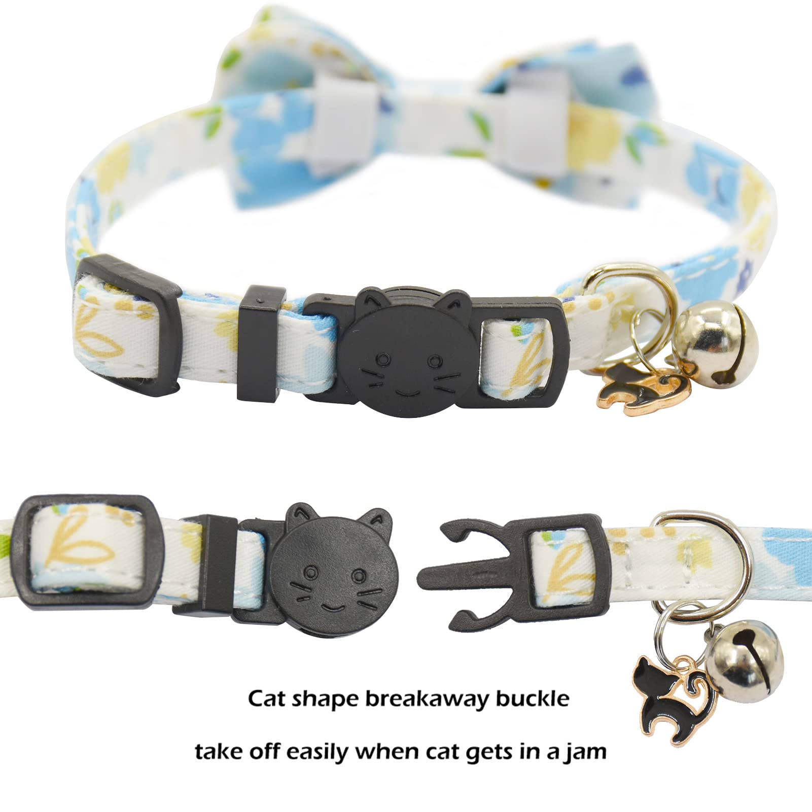 Bowtie Cat Collars Breakaway With Bell, Adjustable Cute Kitty Collars Safety Buckle Kitten Collar For Cat Puppy 7.5-11In (Blue F