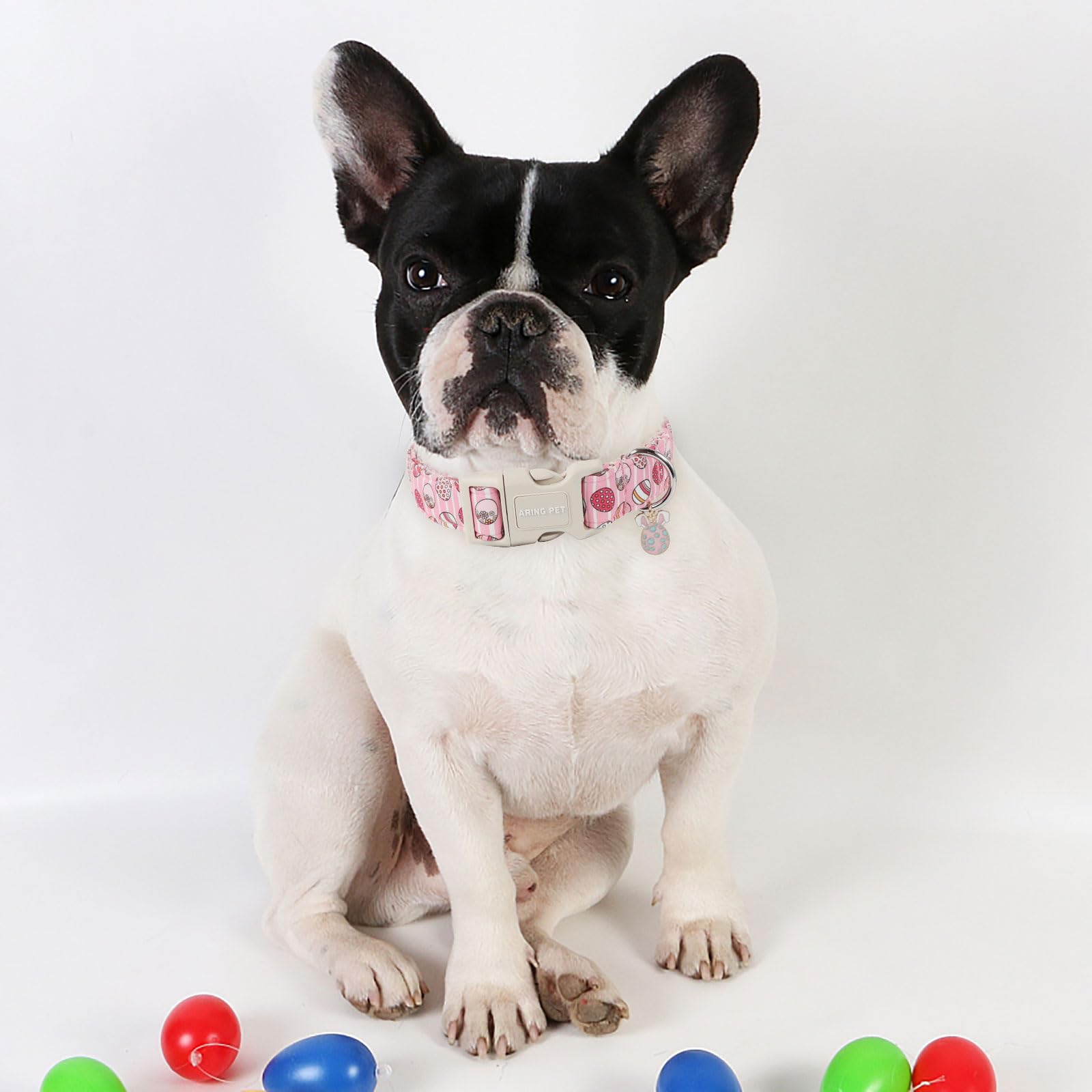 Aring Pet Dog Collar - Cute Pink Striped Collar With Easter Eggs, Adjustable Quick Release Buckle For Dogs