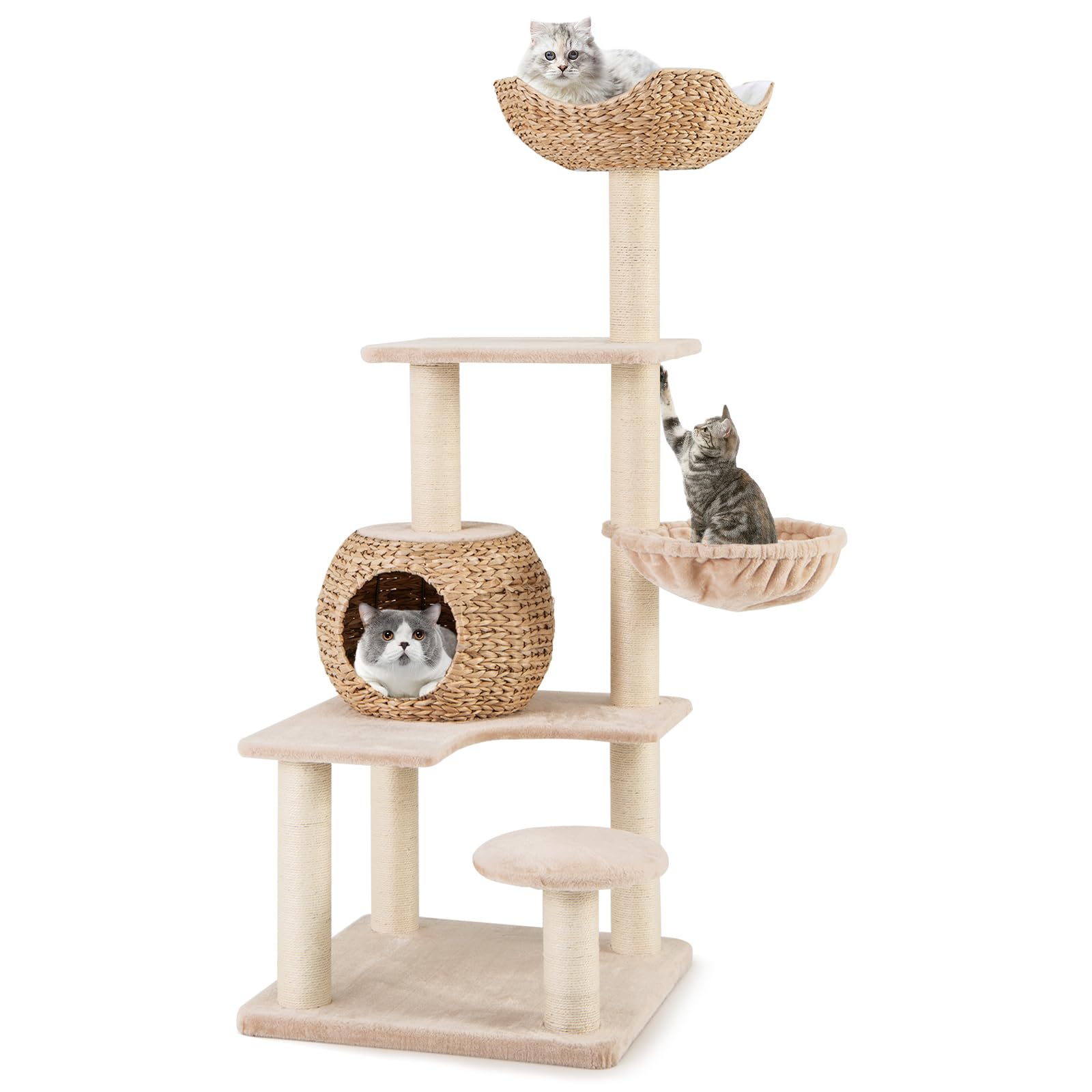 Tangkula Modern Cat Tree, 59 Inch Multi-Level Cat Tower With Sisal Scratching Posts, Cattail Condo, Plush Perch, Soft Hammock, P