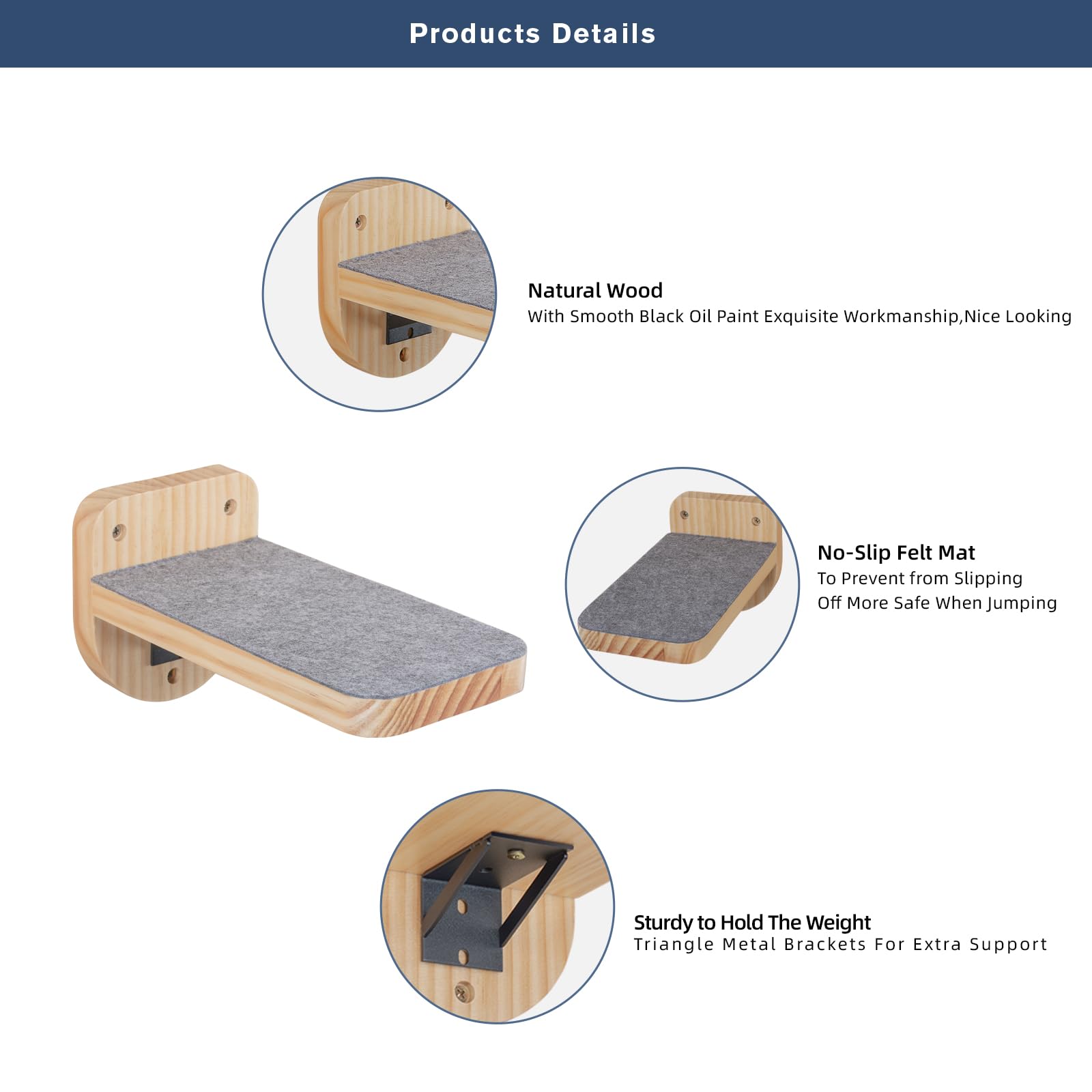 ESPETS Set of 3 Natural Wood Cat Wall Floating Steps Ladder Stairs- Wall Mounted Wooden Cat Furnitures Climbing Shelves and Perc