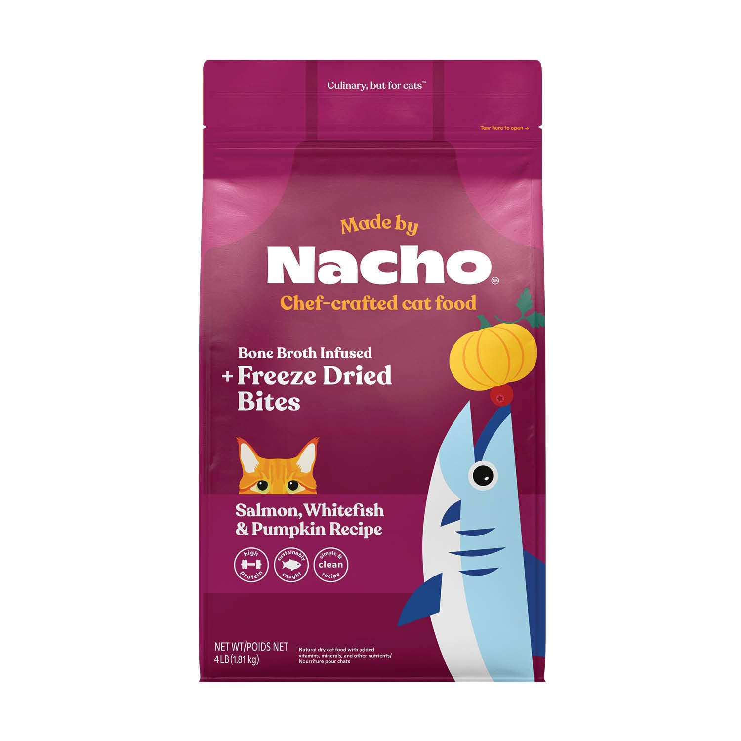Made by Nacho Dry Cat Kibble 4lb Bag, High Protein Premium Cat Food with Freeze Dried Pieces, Sustainably-Caught Salmon, Whitefi
