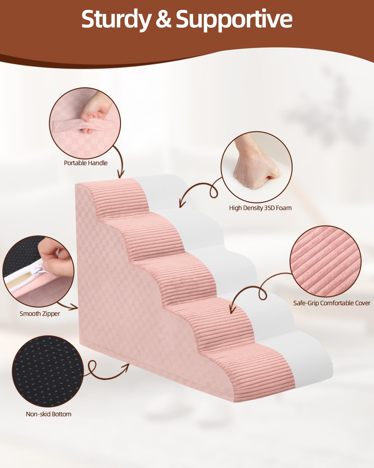 Dog Curved Stairs for High Beds 22 H, 5-Step Pet Stairs for Small Dogs with High Density Foam, Dog Slope Stairs with Durable Non