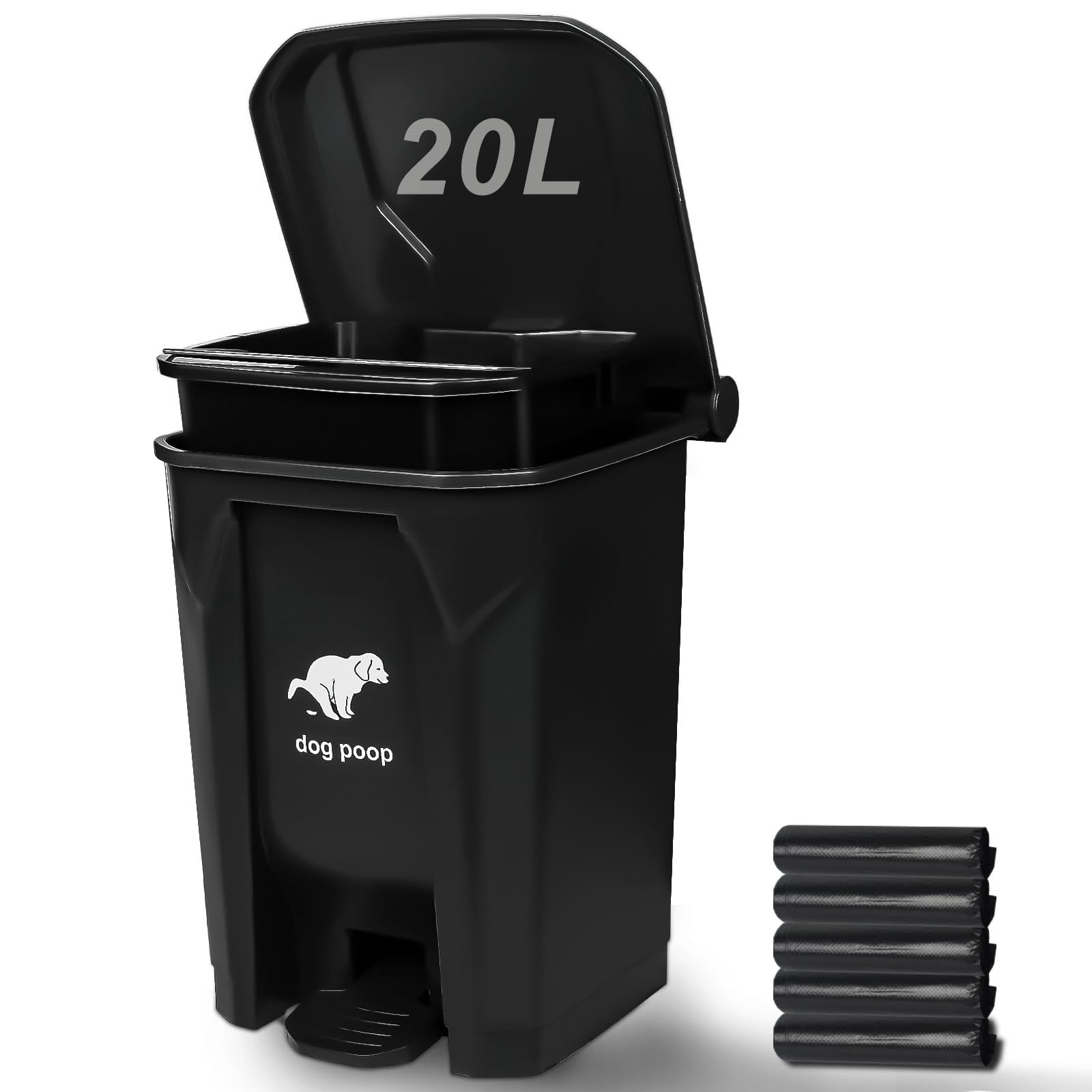 Uppcasir Dog Poop Trash Can Outside, 20L/5Gallon Pedal and Removable Inner Waste Bin, Outdoor Dog Poop Trash Can with 100 Bags, 