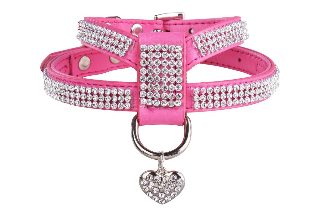 Expawlorer Pet Harness-Rhinestone Bling Small Cat Harness With Heart Pendant, Soft Genuine Leather Padded Dog Harness Small Sized Dog For Puppy Cat, Pink