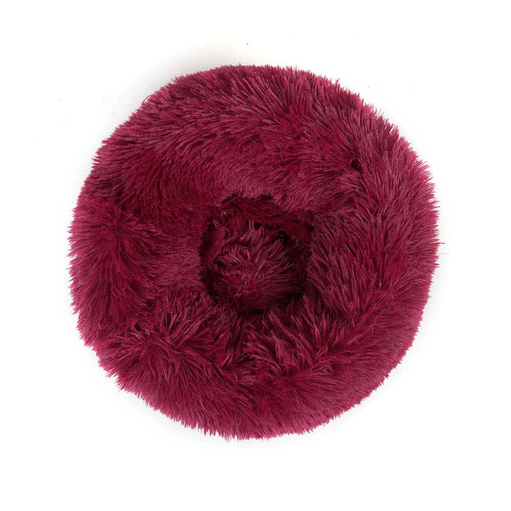 Otoez Round Plush Donut Pet Bed Warm Fur Cuddler Dog Cat Cushion Bed Calming Bed Non-Slip Bottom (15.7', Dark Red)