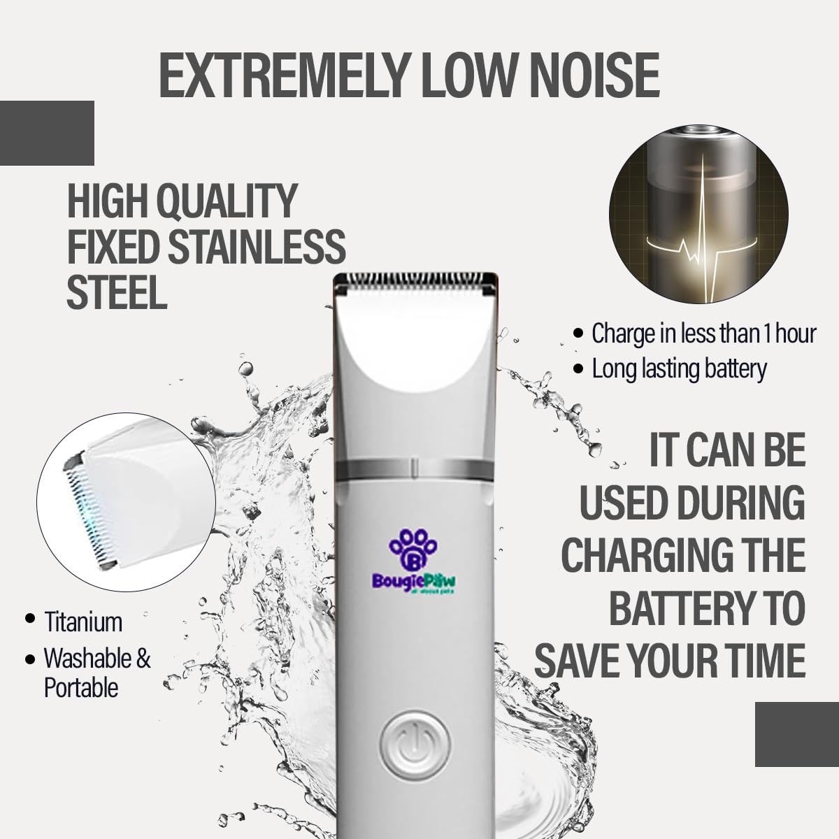 BougiePaw Dog Paw Trimmer Kit 4-in-1, Rechargeable, Low Noise, Cordless Clippers for Dogs & Cats, White, Model BP1