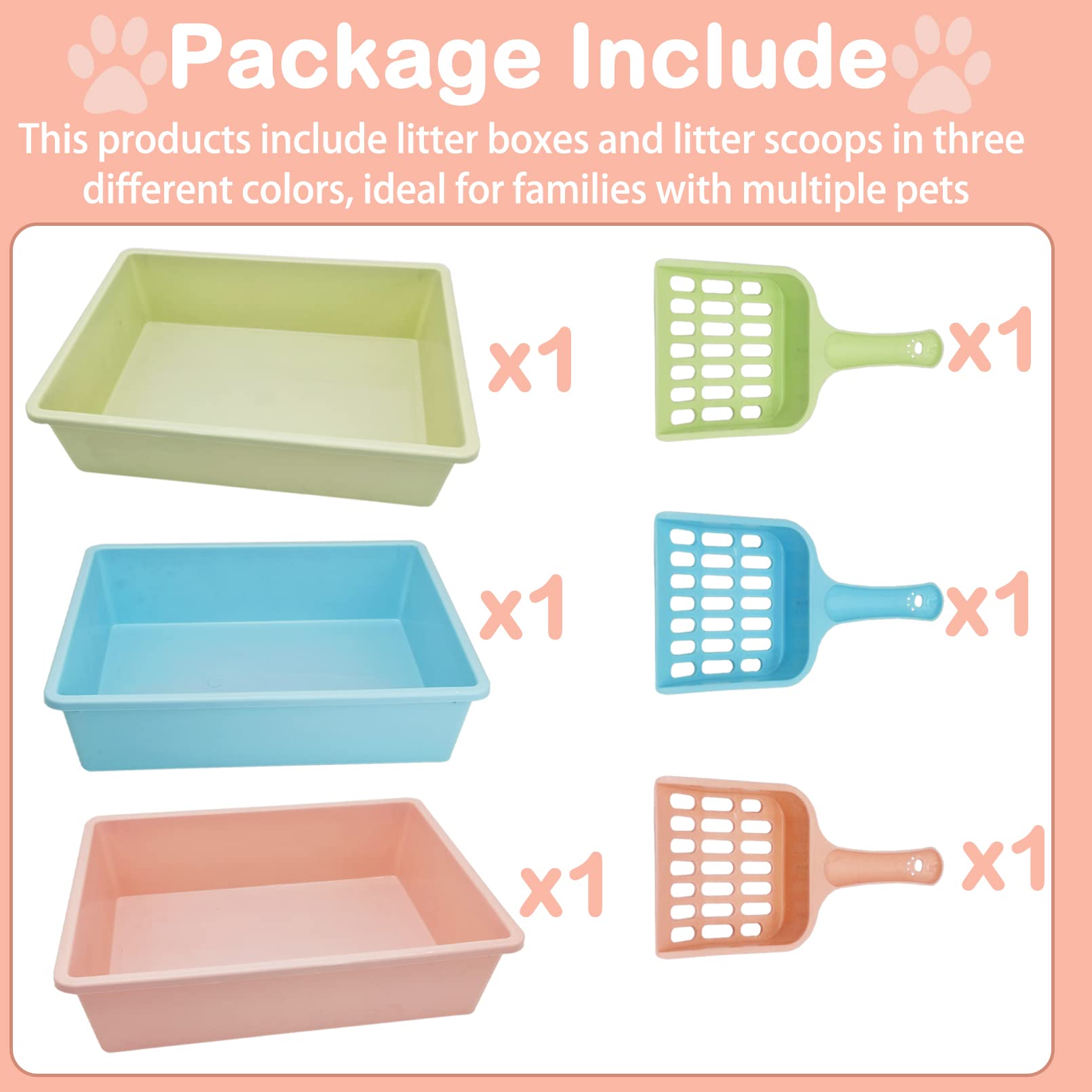 Kathson 3Pcs Medium Open Cat Litter Box With Scoop, Durable Non-Stick Plastic Litter Pan For Cats, Puppies, Bunnies, And Small A