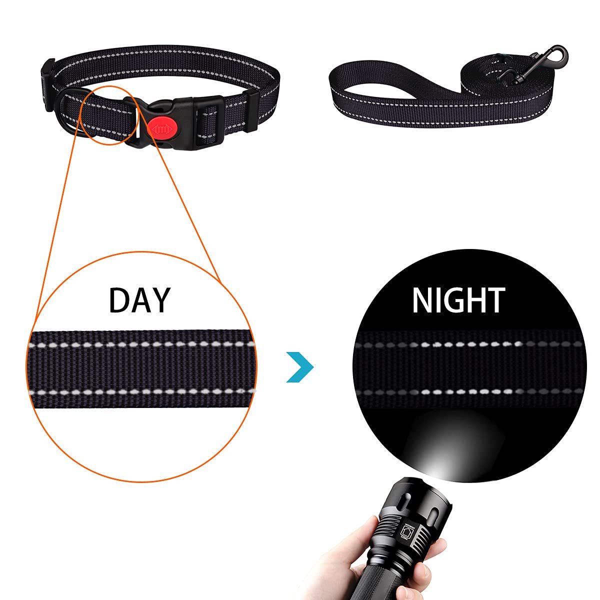 Reflective Dog Collar And Leash Set With Safety Locking Buckle Nylon Pet Collars Adjustable For Small Medium Large Dogs 4 Sizes(