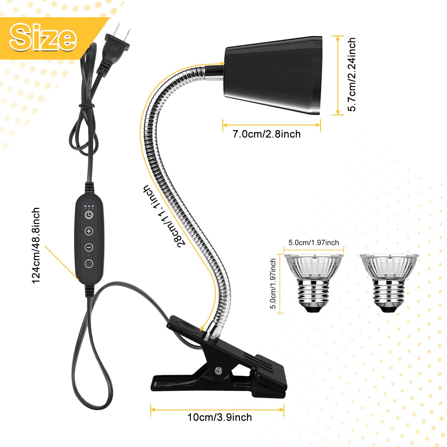 Dallfoll Reptile Heat Lamp, Uva Uvb Reptile Timing Heat Lamp, Reptile Basking Spot Light With 360?otatable Swivel And Clamp, Heating Lamp For Turtle, Lizard, Bearded Dragon, E27 25W 50W Bulbs