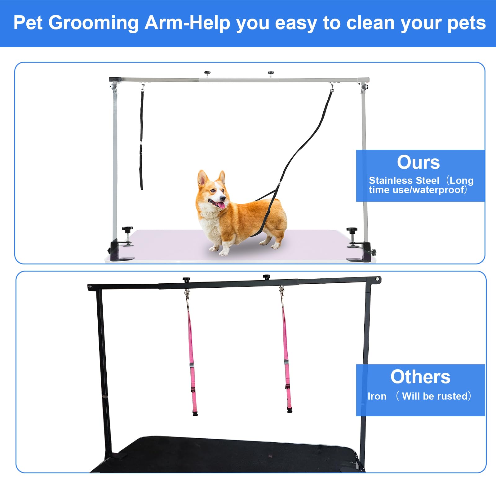 Confote Stainless Steel Adjustable Overhead Pet Grooming Arm With Clamps And Loop Nooses